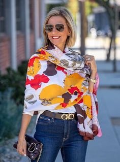 Olive Red Gold Abstract Floral Silky Scarf Shawl – Just Style LA Scarf Ideas, Textured Cardigan, Abstract Floral Print, Just Style, Scarf Poncho, Women Shawl, Silky Scarf, La Fashion, Womens Blazers