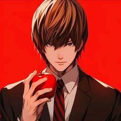 a man in a suit holding an apple