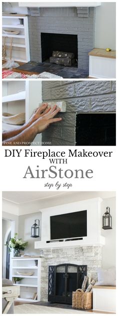 the fireplace makeover with airstone paint is easy to do and looks great in any room