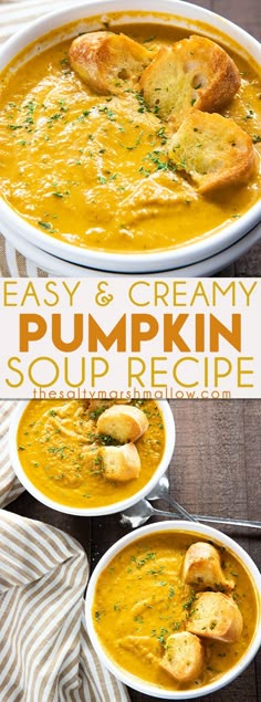 two bowls of creamy pumpkin soup with croutons in the middle and on top