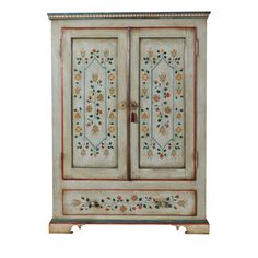 an old painted cabinet with flowers and leaves on the doors, isolated against a white background