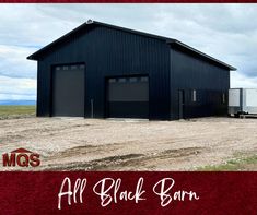 an all black barn with the words mos written in front of it and a red background