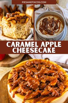 caramel apple cheesecake on a wooden board with the title above it in red and white