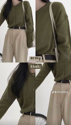 Army Green Pants Outfit Women, Army Color Outfits, Army Green Outfits For Women, Green Combo Outfit, Casual Aesthetics, Outfit Celana, Smart Casual Women Outfits