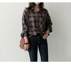 Smart Casual Women, Long Sleeve Blouses, Casual College Outfits, Korean Casual Outfits, Trendy Dress Outfits, Vintage Flannel, Casual Day Outfits, Trendy Fall Outfits