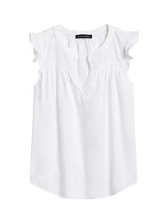 Cotton Ruffle-Sleeve Top | Banana Republic Feminine Cotton Smock Top, Cotton Tops With Ruffle Sleeves For Daywear, Feminine Cotton Smocked Top With Ruffles, Chic Cotton Top With Smocked Cuffs, Casual Cotton V-neck Smocked Top, Cotton Smocked Bodice Top With Ruffle Sleeves, Summer Ruffle Sleeve Blouse With Smocked Cuffs, Summer Cotton Peasant Top With Ruffle Hem, Summer Blouse With Smocked Cuffs And Ruffle Sleeves