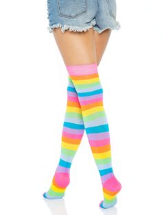 The Leigh Rainbow Thigh High Stockings by Leg Avenue are here to be your answer to a rainy day. Featuring the brightest, neon colorful stripes, these stockings are perfect for everything from halloween costumes to funky everyday looks. No matter how you wear them, these are sure to put a smile on your face! Package includes: Pair High quality hosiery fabric for long lasting wear Bright, happy neon colors Reinforced toe for comfortable wear Perfect fit technology Wear it with a halloween costume Thigh High Socks Outfit, Outfit Ideas For Ocs, Pointe Shoes Ballet, Thigh High Stockings And Tights, Striped Tube Socks, Decora Fashion, Striped Knee High Socks, Rainbow Accessories, Thigh High Sock