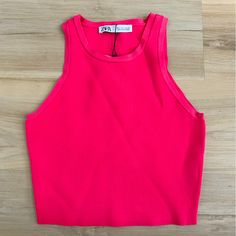 Never Been Worn, Tags Still On! Hot Pink Cropped Zara Knit Tank Size Small Pink Fitted Cropped Knit Top, Fitted Pink Cropped Knit Top, Chic Pink Crop Top For Winter, Spring Stretch Knitted Top, Spring Chic Knitted Crop Top, Summer Solid Color Knitted Tops, Solid Knitted Tops For Summer, Trendy Knitted Cropped Tops, Knitted Solid Tops For Summer