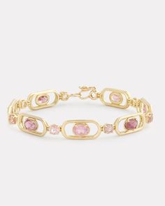 18K Yellow Pink Tourmaline Oval and Round Link Bracelet  7 Inches Style# YBOPPT Elegant Gold Tourmaline Bracelets, Elegant Pink Tourmaline Bracelets, Gold Oval Bracelet With Gemstone, Luxury Oval Tourmaline Jewelry, Opal Earrings, Bracelet Collection, Signature Collection, Opal Rings, Pink Tourmaline