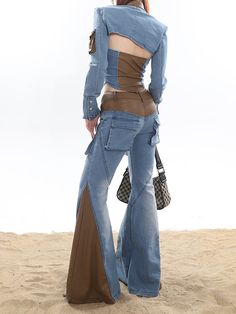 Size: S M LColor classification: bandeau flared pants denim blouseRelease Year Season: Fall 2023 Strap Blouse, Bandeau Crop Top, Trendy Boots, Pants Denim, Denim Blouse, Long Crop Top, Flared Pants, Washed Denim, Fall 2023