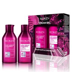 Dream Big, Dream Redken with a giftable, limited edition holiday set that includes the Color Extend Magnetics Shampoo and Conditioner ($70 VALUE) that moisturizes, detangles, and protects color-treated hair. COLOR EXTEND MAGNETICS SULFATE-FREE SHAMPOO (500mL) Redken Color Extend Magnetics Sulfate-Free Shampoo is prescribed to gently cleanse color treated hair to enhance shine and maintain hair color vibrancy. Color Extend Magnetic's formula features a multi-targeted delivery system with key ingr Redken Color Extend Magnetics, Redken Color, Salon Services, Sulfate Free Shampoo, Holiday Gift Sets, Holiday Set, Treated Hair, Color Treated Hair, Color Care