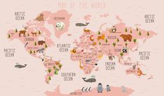 an illustrated map of the world with animals and places to see in each country on it