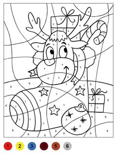 the color by number christmas coloring page for kids with reindeer and presents on it, including numbers