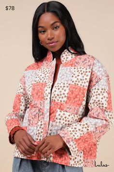 The Whimsical Warmth Coral Multi Floral Patchwork Print Jacket is essential for cute and cozy styling this fall! This adorable quilted utility jacket is composed of sleek nylon fabric that boasts a floral, patchwork-inspired print (in hues of coral, light blue, ivory, and brown) as it shapes a collared neckline and long sleeves. The comfy, relax-fit bodice features a functional snap button placket atop a hidden zip-front and twin patch pockets at the front. Fit: This garment fits true to size. L Quilted Cotton Outerwear For Spring, Spring Cotton Puffer Jacket With Pockets, Trendy Cotton Quilted Jacket For Spring, Quilted Cotton Puffer Jacket For Spring, Trendy Cotton Outerwear With Floral Print, Casual Floral Patchwork Outerwear For Spring, Trendy Cotton Puffer Jacket For Spring, Casual Patchwork Quilted Jacket For Fall, Casual Winter Outerwear With Floral Patchwork