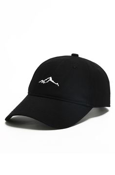 a black hat with white logo on the front and side panel, sitting against a white background