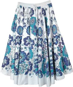 This is a mid length skirt with printed blue floral print and a voluminous fall. A beautiful white cotton skirt perfect for a relaxing cruise vacation or a date, the simple style and colors are reminiscent of the romantic and fun Greek islands. Match it with a solid color for a casual look or with a romantic blouse with intricate work details for a formal and festive look. The fabric feels very soft and gentle on the skin and does not need a lining. The elastic and drawstring on the waistband gi Summer Long Skirt With Floral Print, White Floral Print Flared Skirt, White Flared Skirt With Floral Print, Summer Floral Print Flared Maxi Skirt, Blue Gathered Maxi Skirt For Summer, Blue Full Maxi Skirt For Summer, Summer Blue Floral Print Skirt, White Floral Print Tiered Skirt, White Gathered Maxi Skirt For Summer