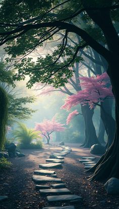 a path in the middle of a forest with stepping stones leading up to trees and flowers