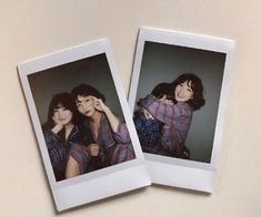 two polaroid photos of women in plaid shirts, one with her hand on her head