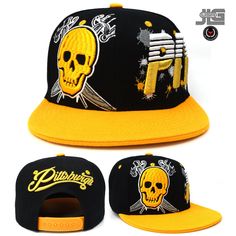 Thank you for shopping - JLGUSA Pittsburgh Fans Features Pittsburgh Splash Adjustable Snapback Hat Premium Pittsburgh Snapback Hat In Baseball Colors. Black Gold Yellow Skull Crossed swords PIT Splash Across the Front. Pittsburgh Scrip on the Back. All logos and letters on crown embroidered, stitched on  100% Polyester | Flat Bill Contrasting button and grommet ventilation Adult size adjustable with plastic snap back GREAT VALUE - WITH FAST SHIPPING Black Punk Style Baseball Cap For Streetwear, Adjustable Skull Hat For Streetwear, Casual Skull Print Hats For Streetwear, Black Punk Baseball Cap For Streetwear, Yellow Snapback Baseball Cap With Letter Print, Adjustable Yellow Snapback Hat For Streetwear, Yellow Snapback Hat, Yellow Snapback Baseball Cap For Streetwear, Halloween Streetwear Baseball Cap