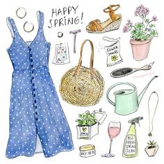 a watercolor and ink drawing of various items for spring