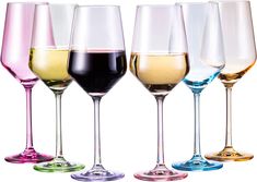 four different colored wine glasses lined up next to each other on a white background,