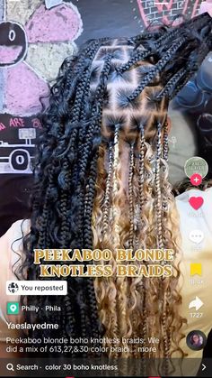 Bohemian Braids With Peekaboo, Goddess Braids Peak A Boo, Boho Box Braids Color, Peakaboobraids Boho, Bohemian Knotless Braids With Peekaboo, Goddess Peak Boo Braids, Peak A Boo Boho Braids, Multi Color Boho Knotless Braids, Bohemian Knotless Braids With Highlights