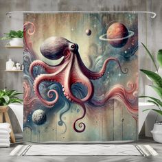 an octopus shower curtain with planets in the background