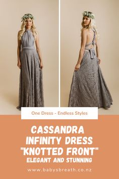 a woman in a gray dress with flowers on her head and the words cassandara infinity