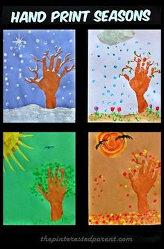 four different handprints are shown on the front of a bulletin board, and there is