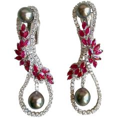 Mouawad Dangle Earrings 6 Carats Diamonds and 11 Carats Rubies For Sale at 1stdibs Red Pearl Earrings For Formal Occasions, Foliage Garland, Jewelry Design Drawing, White Gold Set, Sapphire Earrings, Earring Patterns, Dream Jewelry, Tahiti, 925 Sterling Silver Jewelry