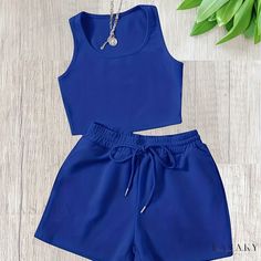 Lasaky - Premium Plus-Size Fashion Set: Womens Plus Ribbed Tank Top and Drawstring Shorts Outfit Two-Piece Set Plus Size Two Piece Outfit, Drawstring Shorts Outfit, Drawstring Waist Shorts, Solid Tank Tops, Traje Casual, Crop Top And Shorts, Really Cute Outfits, Basic Outfits, Tankini Top