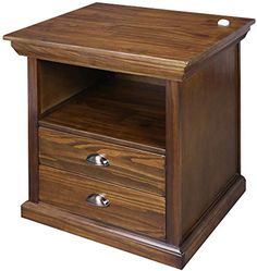 a wooden night stand with two drawers on one side and an open drawer on the other