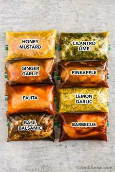 five bags of different types of food on a table with the words, honey mustard, ginger garlic, pineapple, lemon garlic and basil