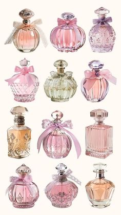 many different types of perfume bottles with bows on the top one is pink and white