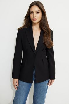 For the office and after—this fitted woven blazer is designed to compliment your form. Features - Peaked lapel - Button closure - Darts at waist - Padded shoulders - Vented cuffs - Lined Size & Fit - Fitted - Stretch fabric - Model is wearing size XS Materials & Care - 40% Polyester, 30% Recycled Polyester, 23% Rayon, 7% Spandex - Dry clean - Imported Trendy Blazers, Cut Blazer, Sleeveless Blazer, En Pointe, Crop Blazer, Tailored Blazer, Blazer Vest, Fitted Blazer, Blazer Black