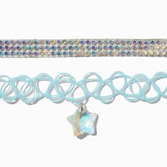 Claire's Iridescent Crystal & Blue Tattoo Star Choker Necklaces - 2 Pack Iridescent Crystal Necklaces For Party, Adjustable Iridescent Choker Jewelry, Spiritual Blue Choker Jewelry, Handmade Blue Crystal Choker Necklace, Adjustable Multicolor Crystal Choker Necklace, Piercing Kit, Tattoo Choker, Blue Tattoo, Iridescent Crystal