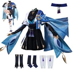 PRICES MAY VARY. Material: 100% polyester with fine workmanship. Set includes: Blue Kunikuzushi Wanderer: lining+chest decoration+hand sleeve+coat+belt+shoulder belt+divine eye+pants+leg cover+socks+gloves/Red Kunikuzushi Wanderer: hem+lining+wrist guard+coat+necklace+socks+hand sleeve+pants+bandage+hand sleeve Design: Blue and Red Kunikuzushi Wanderer Cosplay Costume, matching hair, color and pattern of cosplay clothes, restoring characters, and wearing a sense of substitution. This is a great Hand Sleeve Design, Wanderer Cosplay, Scaramouche Wanderer, Egyptian Clothing, Chinese Fancy Dress, Cosplay Store, Red And Blue Dress, Swimsuit Material, Suit For Women