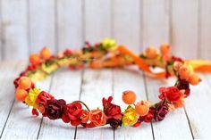 Weddbook is a content discovery engine mostly specialized on wedding concept. You can collect images, videos or articles you discovered  organize them, add your own ideas to your collections and share with other people | An unique Autumn Woodland flower crown in dark red and orange, with orange and red berries. It\'s perfect for Autumn weddings, flower girls or Photo prop. This lovely rustic crown is ideal for a country ot farmhouse wedding! Perfect fall hair wreath for brides, bridesmaid... Autumn Flower Crown, Fall Crown, Flower Crown Hair, Bridesmaid Hair Pieces, Woodland Flowers, Viking Wedding, Crown Hair