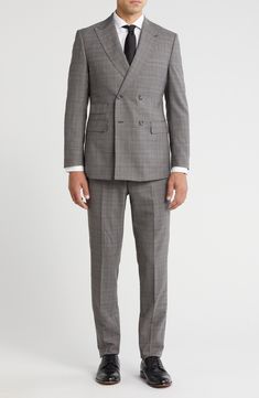 Crafted from a luxurious wool blend, this suit will have you looking sharp for your next special occasion. 29" jacket length; 36" inseam; 10 1/2" front rise (size 40R) Jacket has peaked lapels; five-button cuffs; chest pocket; flap pockets; interior pockets Trousers have zip fly with hook-and-bar closure; slant pockets; back button-welt pockets Unhemmed Jacket is lined; trousers are lined to the knee 90% wool, 10% polyester Dry clean Imported Brogues Men, Brown Plaid, Suit Separates, Welt Pockets, Flap Pocket, Welt Pocket, Chest Pocket, The Knee, Double Breasted