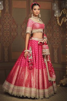 Rani pink attached cancan lehenga with paisley, floral banarasi woven motifs and gota, dori, badla embroidered border. Paired with neckline embroidered padded blouse and scallop embroidered dupatta. - Aza Fashions Floral Bridal Lehenga, Cancan Lehenga, Rani Pink, Padded Blouse, Embroidered Border, Embroidered Dupatta, Paisley Floral, Floral Bridal, Bridal Lehenga