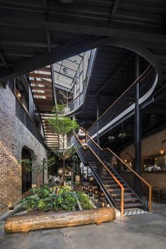 the inside of a building with stairs and plants