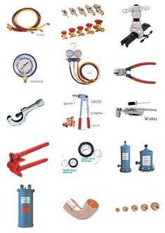 various types of valves and gauges are shown in this image, including hoses