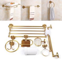 bathroom accessories including toilet paper, towel rack and shower curtain rod with gold finish on white background