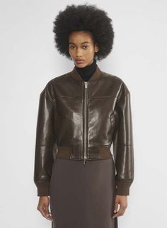 SYNERGY BOMBER Fitted Leather Jacket With Ribbed Cuffs For Fall, Leather Jacket With Ribbed Collar For Fall Workwear, Fitted Brown Outerwear With Ribbed Collar, Fall Leather Jacket With Ribbed Collar, Classic Fall Outerwear With Zip Cuffs, Chic Fitted Outerwear With Ribbed Collar, Sleek Outerwear For Layering In Fall, Sleek Outerwear For Fall Layering, Sleek Fall Outerwear For Layering