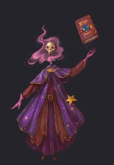 a drawing of a skeleton wearing a purple dress and holding a book in her hand