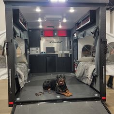 a black and brown dog laying in the back of a truck with its doors open