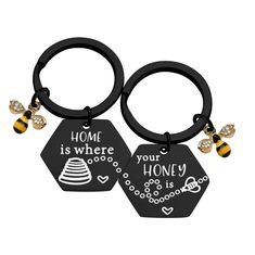 PRICES MAY VARY. Couple Keychains - This set of two 'Home is Where. Your Honey Is ' keychain, finished with cute honeycomb, is a charming housewarming gift for new homeowners or long distance gift for who live far away from you. Material: Stainless Steel, it is lead free and nickel free, hypo allergenic, it doesn’t rust, change colour or tarnish. Measurement: 25mm*25mm(0.47inch). TIPS:manual measuring permissible error. Honey Couples Keychain - It is a unique, meaningful gift for a new home owne Couple Keychain Ideas, His And Hers Keychain, Cute Couple Keychains, Honey Beehive, Couple Keychains, Honey Bee Keychain, Couples Keychain, Couples Keychains, New Homeowner Gift