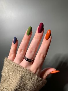 Breaking out my favourite fall polishes 🖤 #fall #fallnails #skittlemani #fallstyle #fallnailart #autumn Autumn Rainbow Nails, Fall Color Block Nails, Fall Nails Multi Colored, Fall Multi Colored Nails, Fall Nails Different Color Each Nail, Bright Autumn Nails, Multi Colored Fall Nails, Fall Nails Multicolor, Multicolor Fall Nails