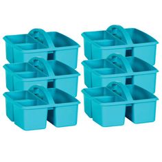 six blue plastic storage bins stacked on top of each other