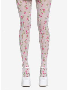 White & Pink Floral Sheer Tights Mesh Flower Tights, Sheer Flower Tights, Floral Mesh Socks, Funky Tights Aesthetic, Tights With Designs, Color Tights, Funky Tights, Cool Tights, Yeri Mua